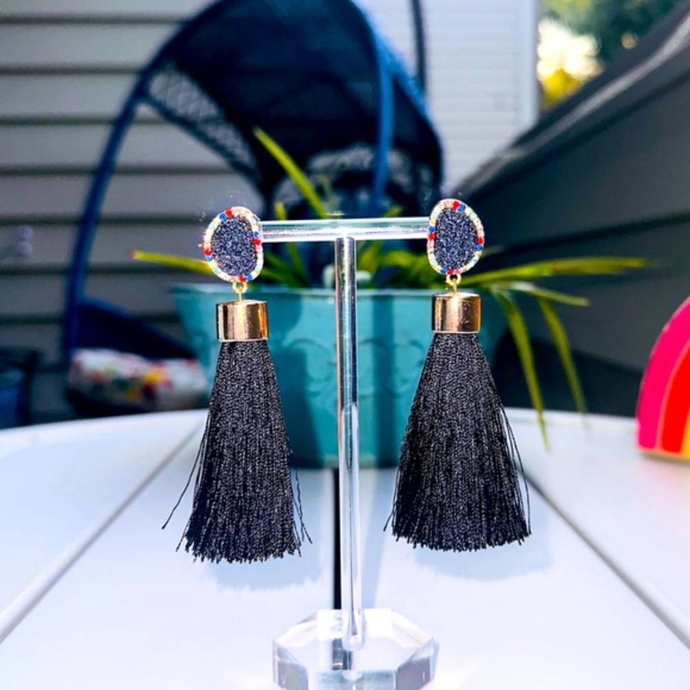 Black rhinestone tassel earrings